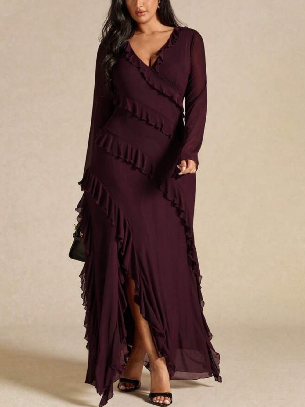 Burgundy Ruffle Wrap Long Sleeve Maxi Dress - Women